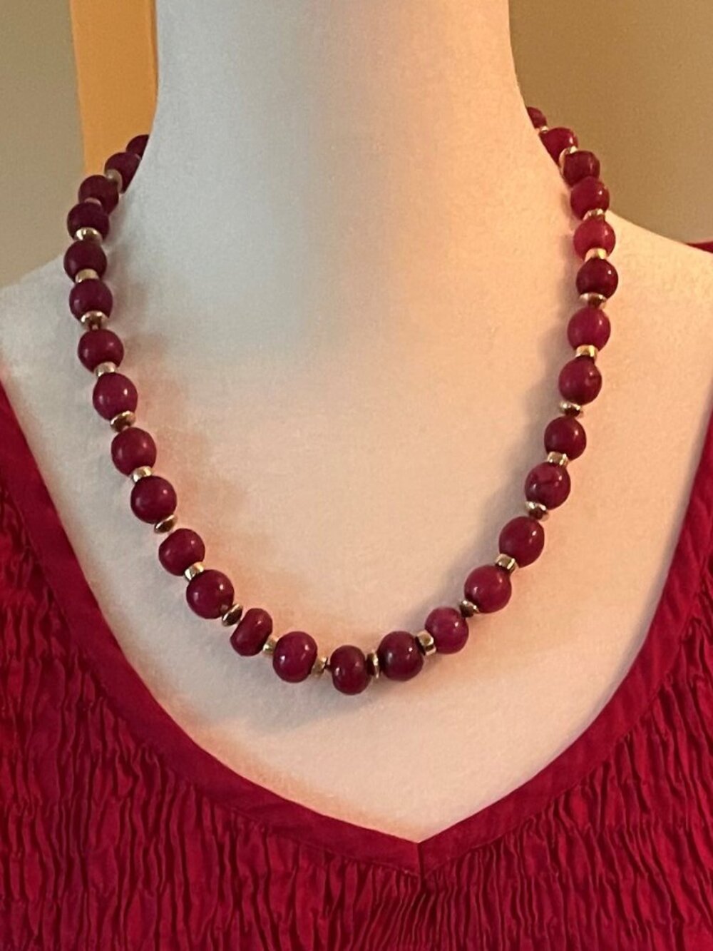 Antique Fuscia-Colored Stone Bead and Cord Necklace